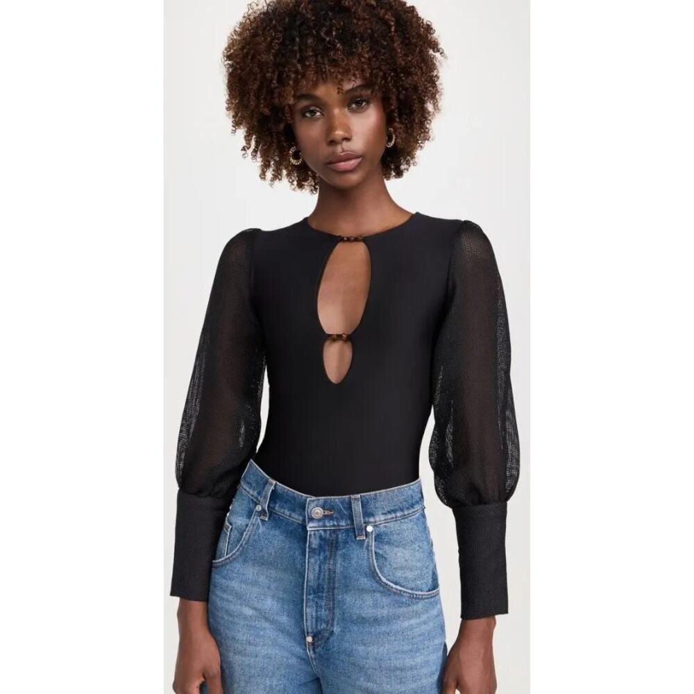 NWT Mayle Vasquez Garden Bodysuit in Black Mesh Puff Sleeves Womens Small